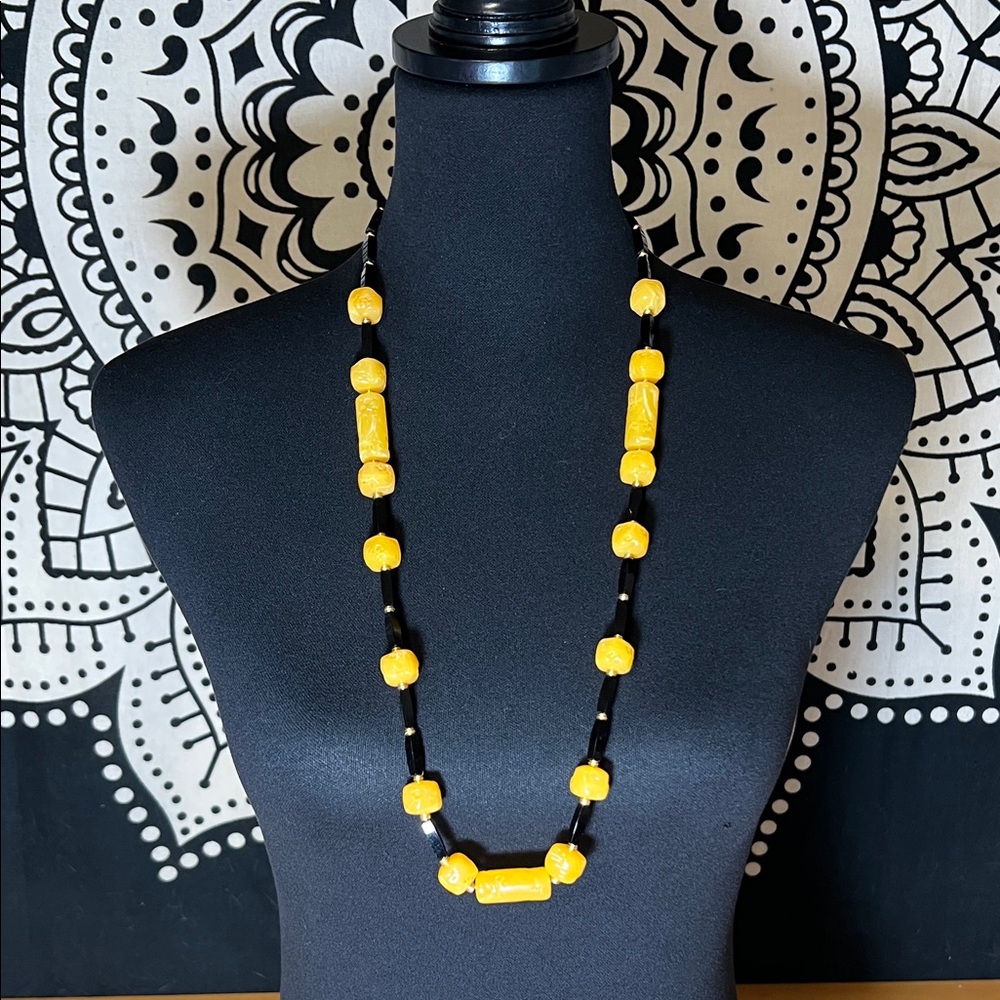 Vintage Chic Black and Yellow Barrel Beaded Necklace 31” Givenchy